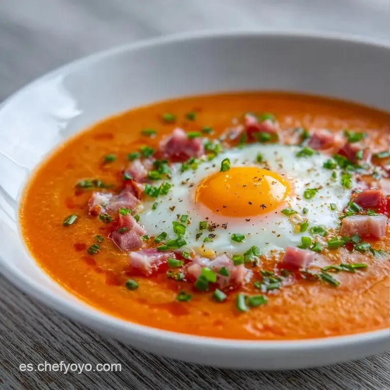 Cuenco blanco con sopa fr&iacute;a espesa y brillante, adornada con huevo picado y gotas de aceite sobre fondo neutro.