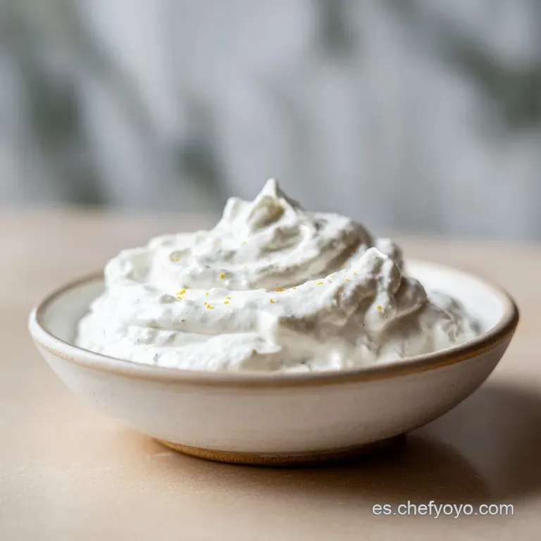 Yogurt sauce in a small white bowl, herbs add pops of green color, spoon nearby ready to serve. Minimalist and clean.