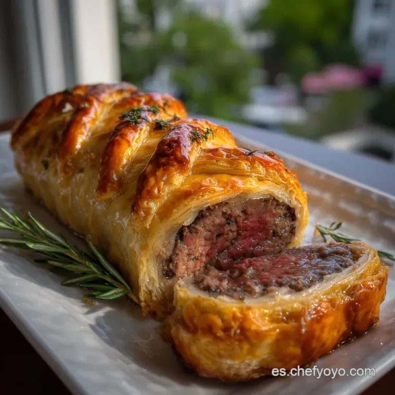 Perfectly plated Wellington slices revealing juicy pink meat against flaky, golden pastry. Garnished with fresh herbs, a f...