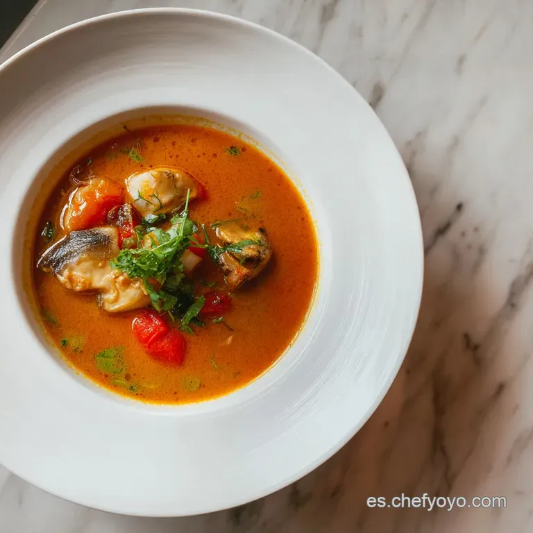 A rustic earthenware bowl filled with steaming fish soup, topped with crusty bread and fresh parsley.