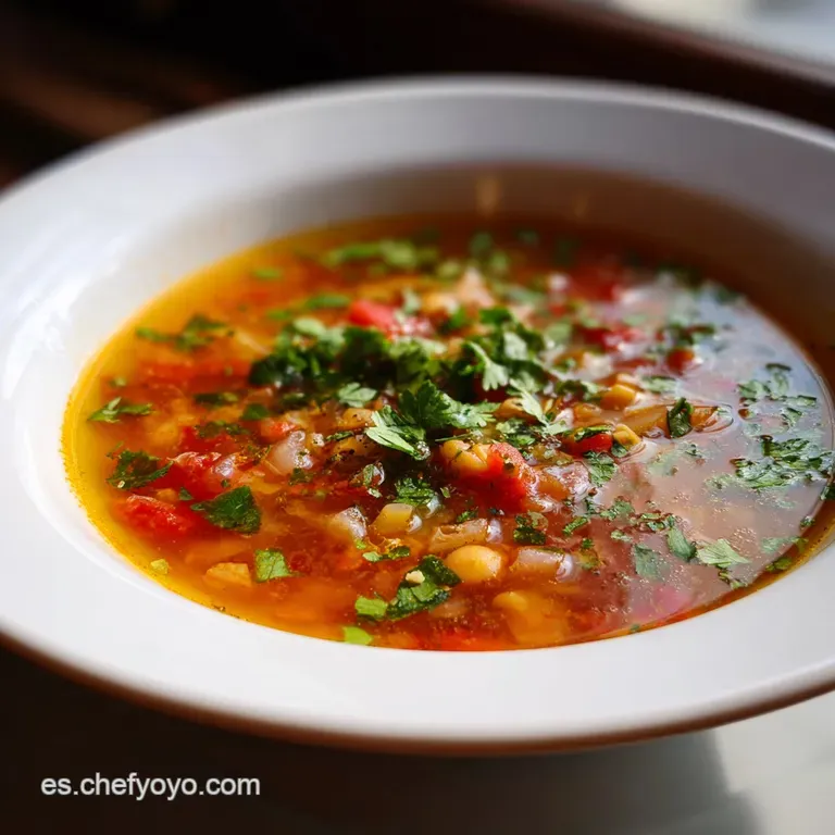 A steaming bowl of Picadillo soup, garnished with cilantro and a lime wedge, inviting warmth and comfort on a rustic table.