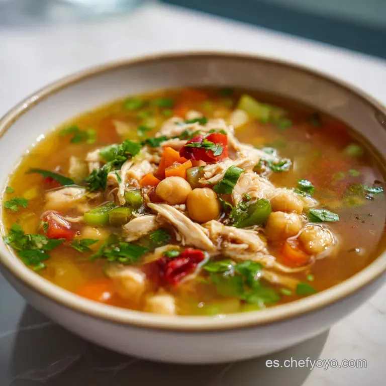 A steaming bowl of comforting chicken soup, rich with vibrant greens and plump chickpeas.