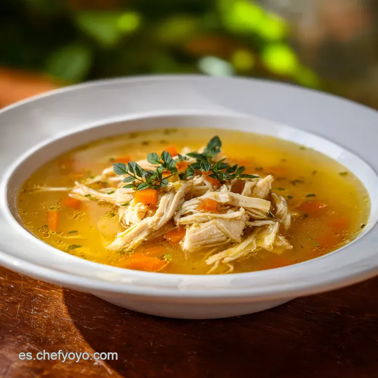 Steaming bowl of golden chicken soup with visible chicken pieces, carrot and herb garnish. Warm, inviting, delicious.