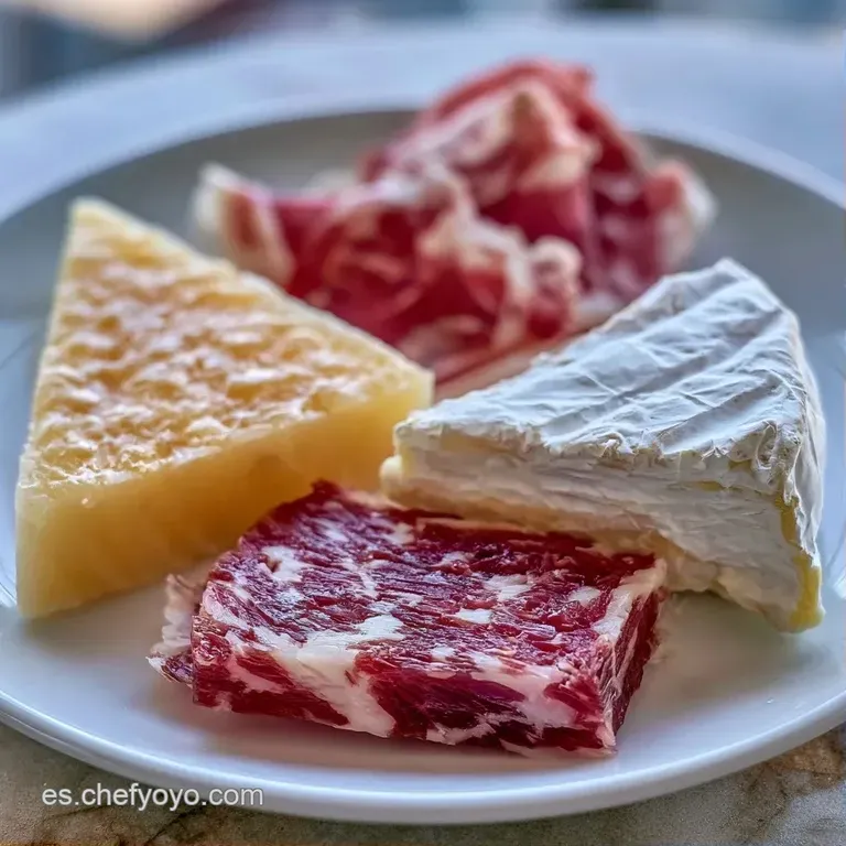 Disposición artística de embutidos brillantes y cuñas de queso blanco acompañados de frutos secos en plato de madera.