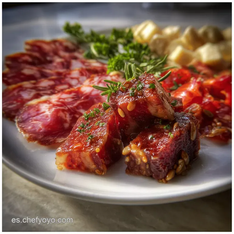 Artfully arranged platter featuring thinly sliced Ib&eacute;rico ham, glistening olives, and bright red peppers, ready to be enjo...