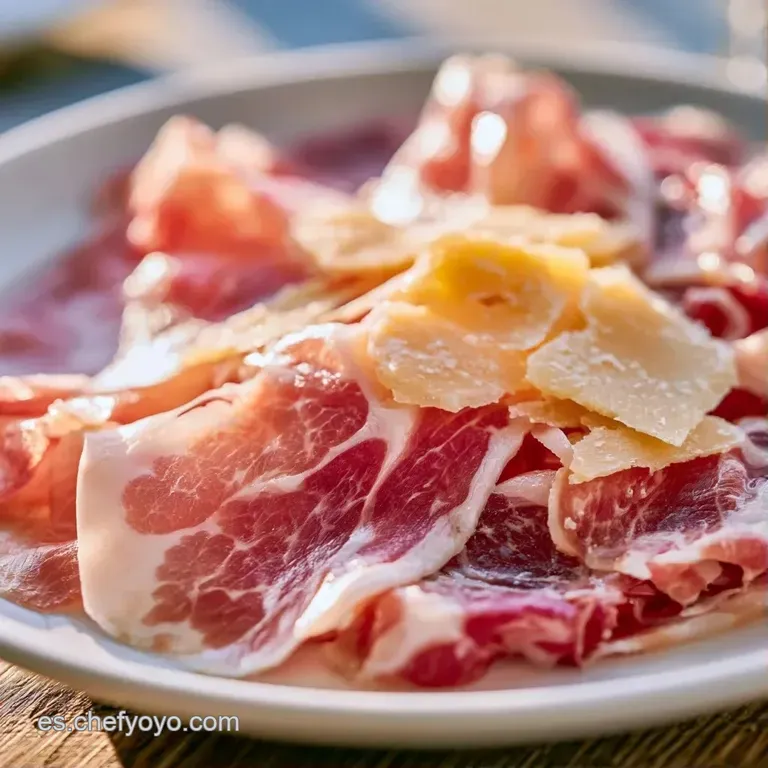 Disposición elegante de carnes curadas dobladas, trozos de queso amarillento y frutos secos sobre madera oscura.
