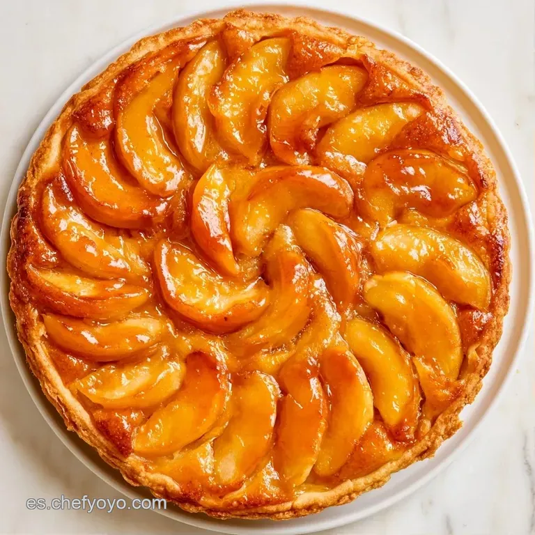Porción de tarta dorada en plato blanco, adornada con una hoja de menta fresca y un toque de azúcar glass blanca.
