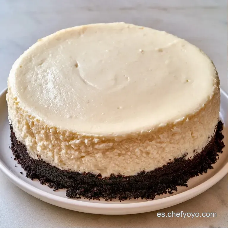 Porción triangular con capas alternas de crema blanca y galleta negra sobre un plato blanco minimalista y limpio.