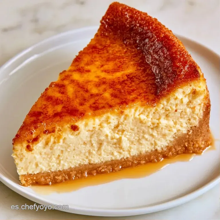 Porción triangular sobre plato blanco, superficie caramelizada y centro fundente adornado con frutos rojos frescos.