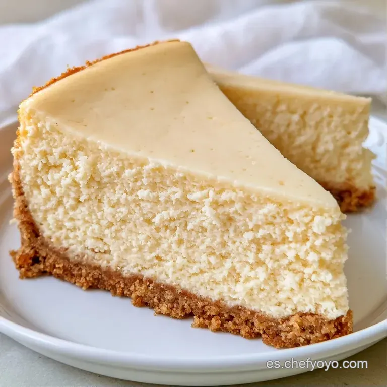 Porción triangular de tarta cremosa sobre plato blanco, adornada con miel espesa y brillante que gotea lentamente.