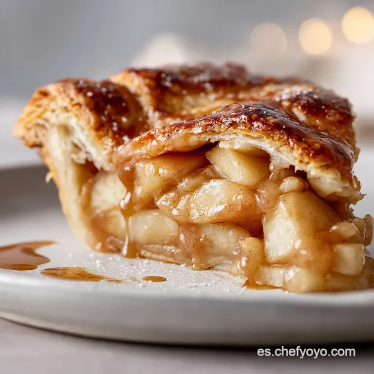 A generous slice of apple tart with glistening, caramelized edges, served on a white plate. Steam subtly rises, promising ...