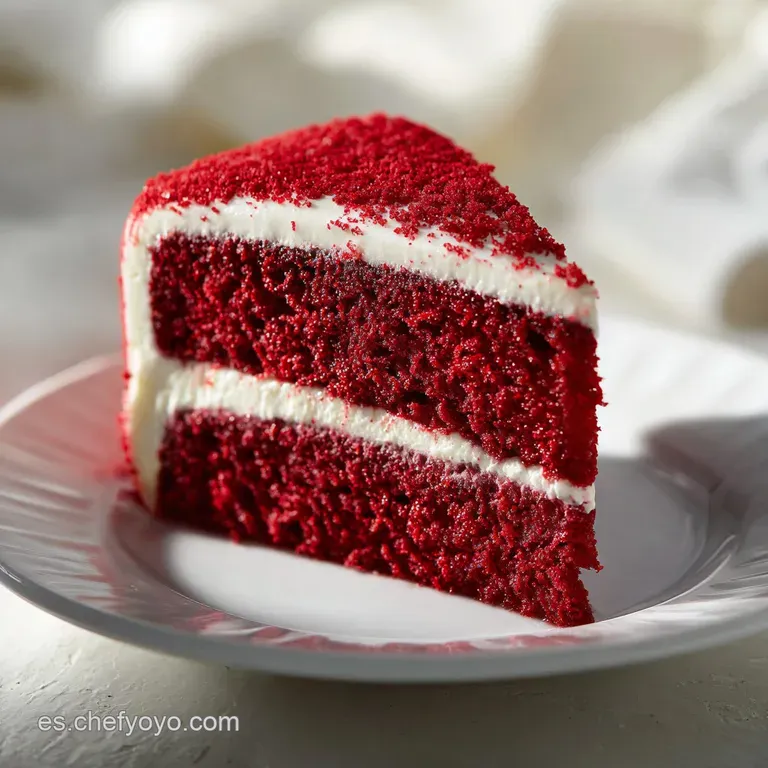 A slice of moist red velvet cake, its deep crimson hue contrasting against a white plate. Creamy frosting swirls add a tou...
