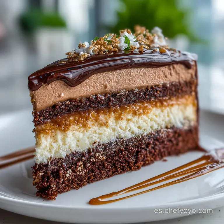A slice of layered chocolate tart, dusted with cocoa, stands elegantly against a creamy white plate and silver fork.