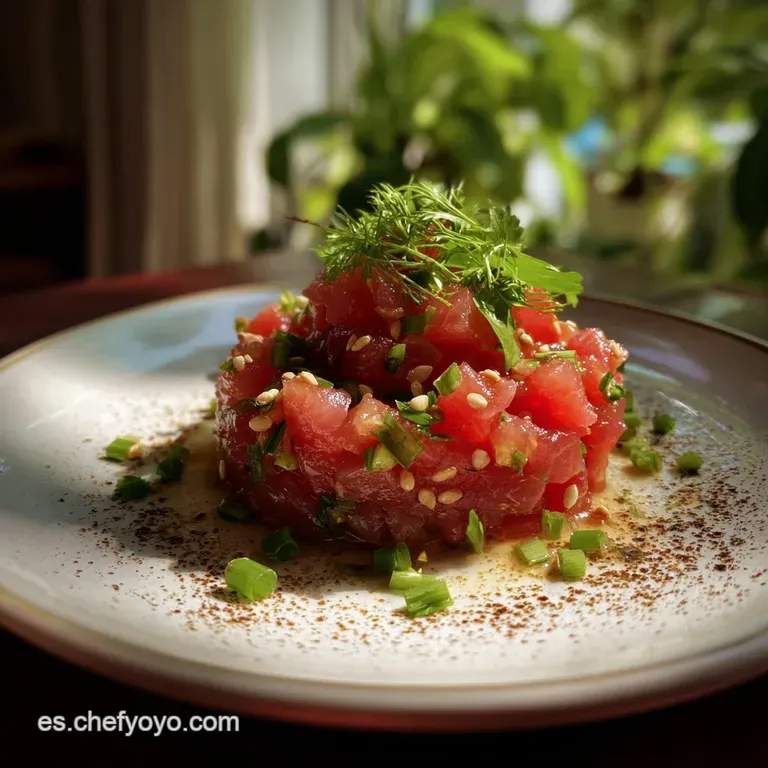 Elegant plate of ruby red tuna, adorned with bright citrus segments and microgreens. The dish exudes freshness and refined...