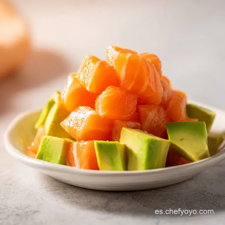 Cilindro compacto de salm&oacute;n rosado adornado con brotes verdes y gotas de aceite sobre una base de cer&aacute;mica oscura.
