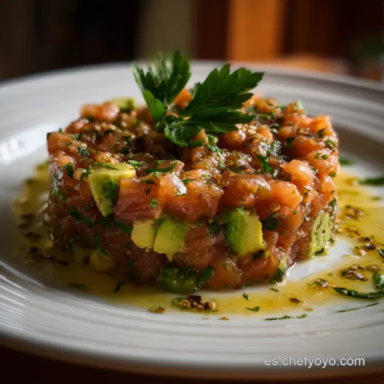 Artfully arranged salmon tartare, crowned with microgreens, on a pristine white plate. The dish offers a fresh, inviting a...