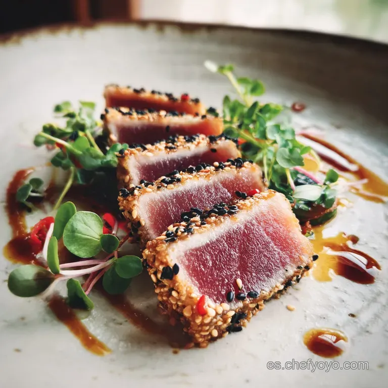 Slices of ruby red tuna adorn a white plate. A drizzle of dark sauce swirls around the fish, sprinkled with sesame seeds.