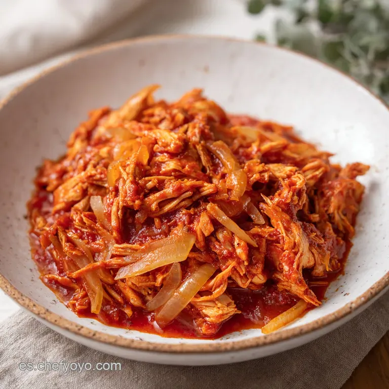Tostadas crujientes dispuestas en plato blanco con pollo jugoso en salsa roja, decoradas con cebolla y crema espesa.