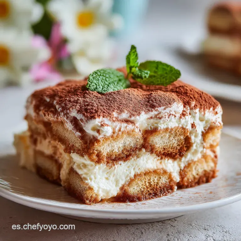 An elegant slice of tiramisu on a white plate, dusted with cocoa and adorned with a delicate chocolate curl.
