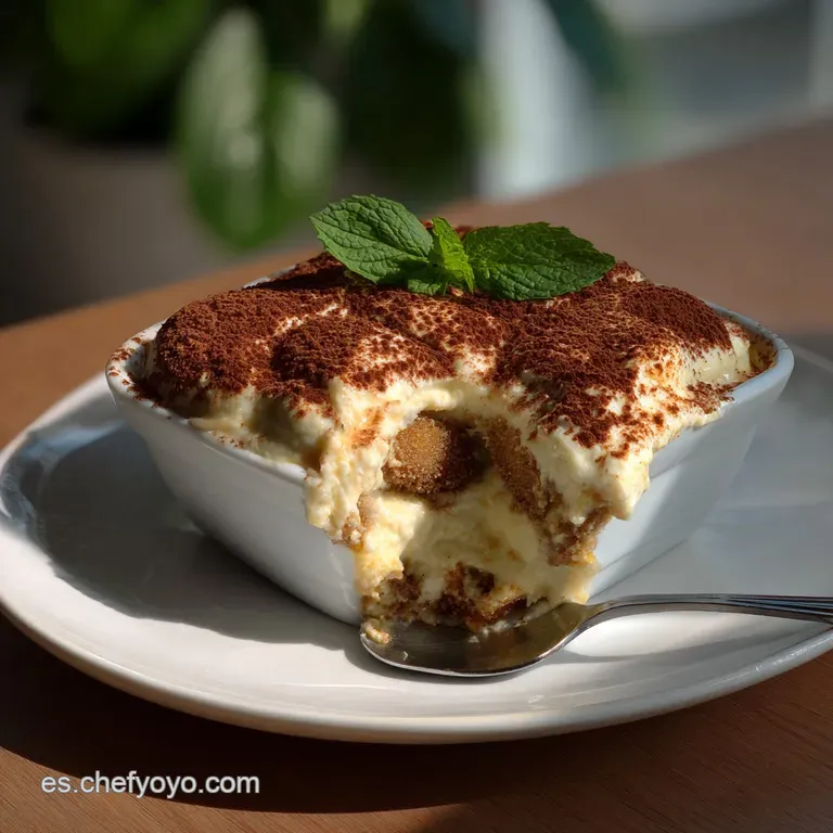 Tiramisu elegantly served in a clear glass. The creamy layers are distinct, and the presentation shows off a rich texture ...