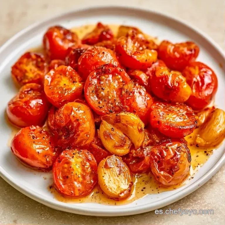 Tomates rojos brillantes dispuestos en un plato blanco, con piel caramelizada y un hilo de aceite de oliva dorado.