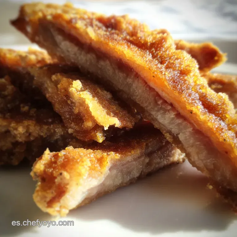 Tower of glistening, mahogany-colored torrezno slices, their crackling surfaces reflecting light, a tempting Spanish tapa.