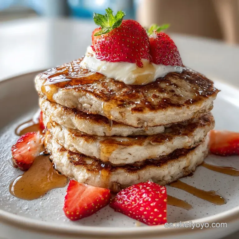 Neat plate of fluffy oat pancakes dusted with powdered sugar, garnished with vibrant berries, a sprig of mint, and warm sy...
