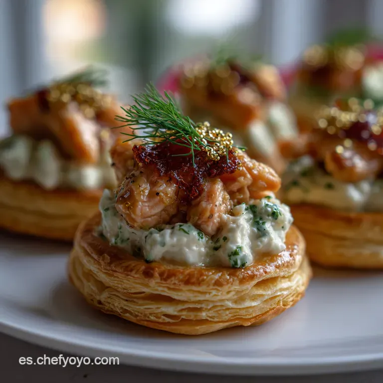 Elegant plate showcasing several crisp, golden vol-au-vents overflowing with smooth, silky cream. Garnished for visual app...