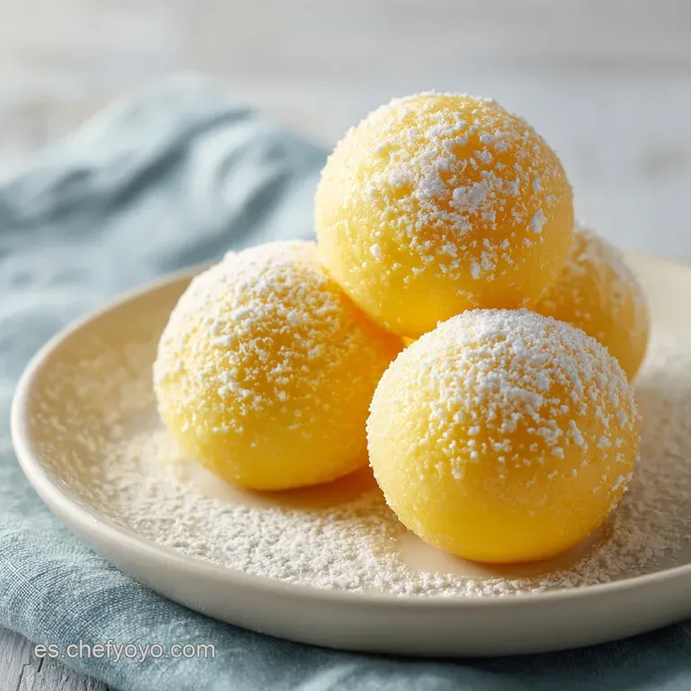 Dulces redondos de color oro sobre porcelana blanca, adornados con canela y luz suave que resalta su brillo sedoso.